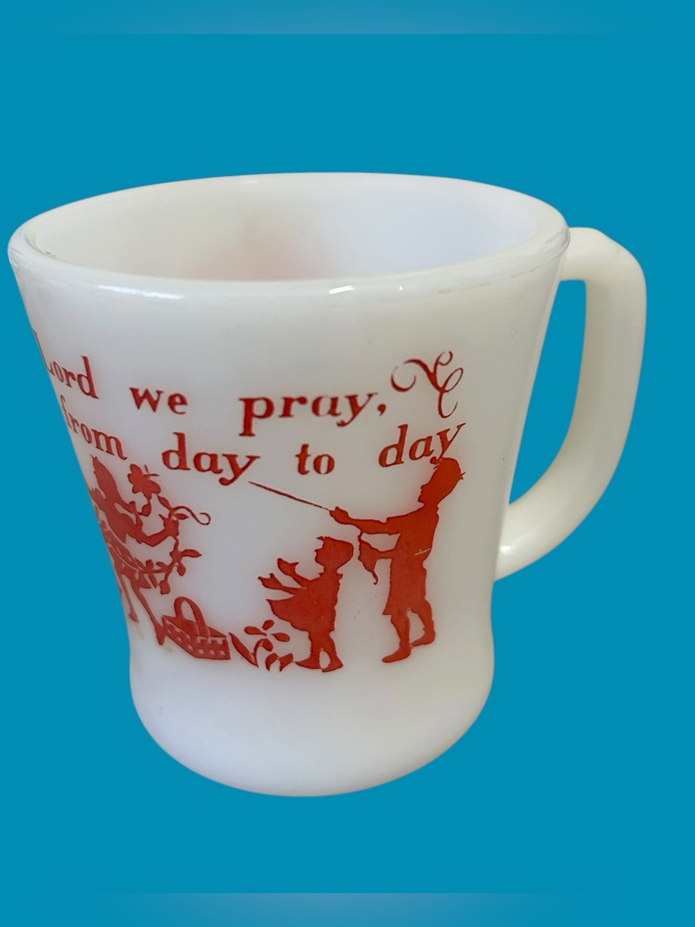 VTG Fire King Milk Glass Bless This Food Prayer Mug D-Handle Red Graphic